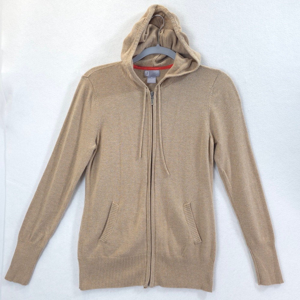 JCP Cashmere Blend Zip Up Hoodie Sweater Camel Tan Women M Quiet Luxury Neutral